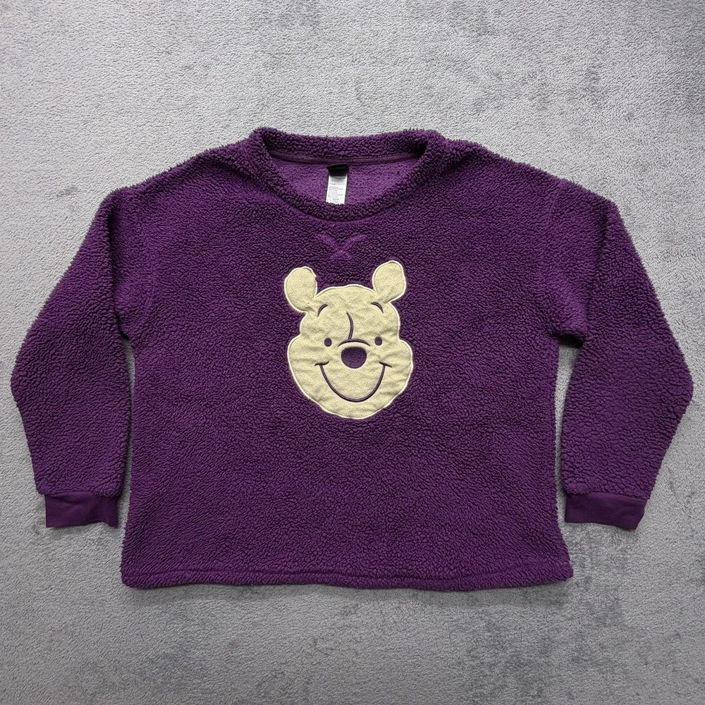 Disney Winnie The Pooh Sweater Girls Large Purple Fuzzy‎ Faux Fur Sleepwear
